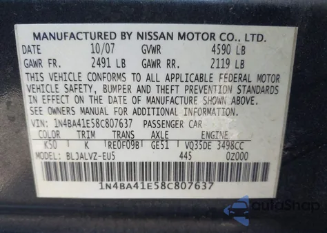 2008 Nissan Maxima 3.5 Se z USA, uszkodzony, nr VIN 1N4BA41E58C807637